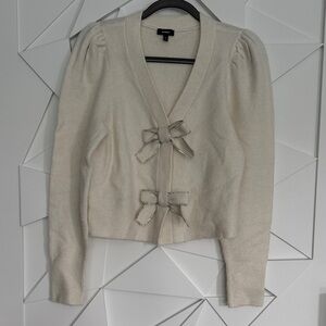 Express Cream V-Neck Puff Sleeve Cardigan with Bow Closures